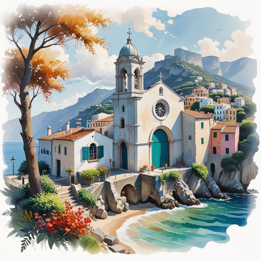 Italian Amalfi Coast Townscape in Vibrant Colors