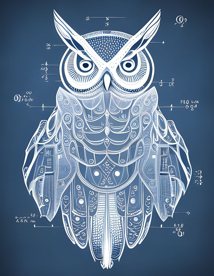 Robotic Owl Blueprint on Prussian Blue