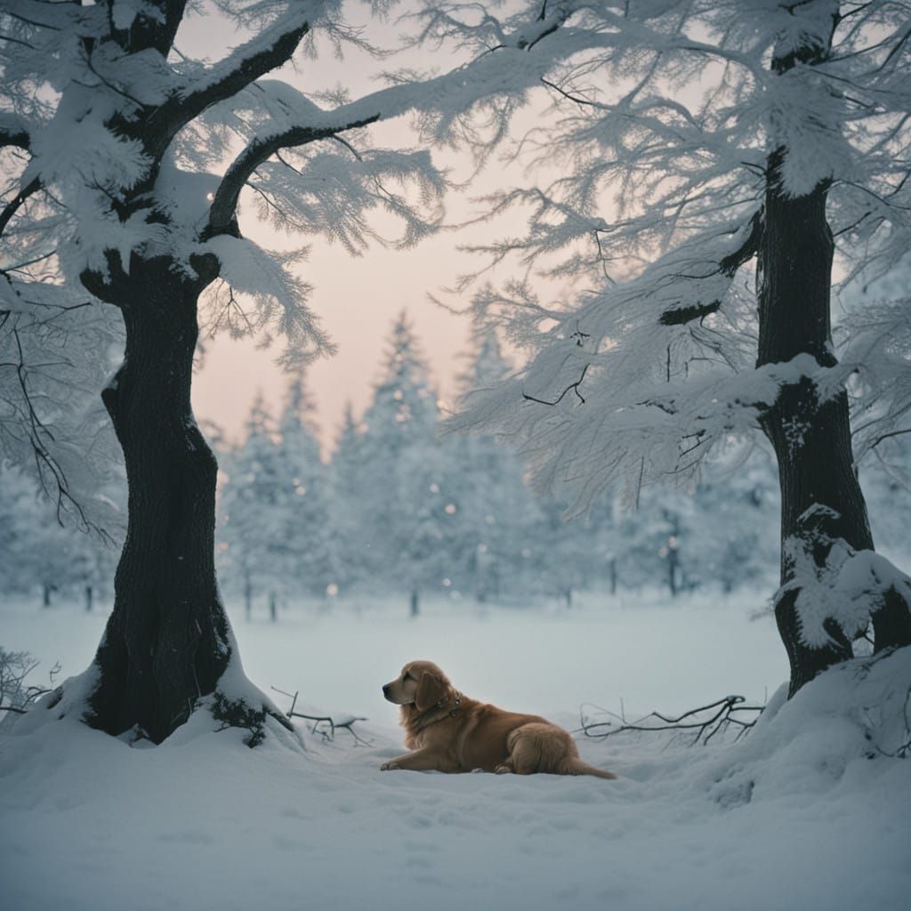 Serene Winter Wonderland Scene with Golden Retriever