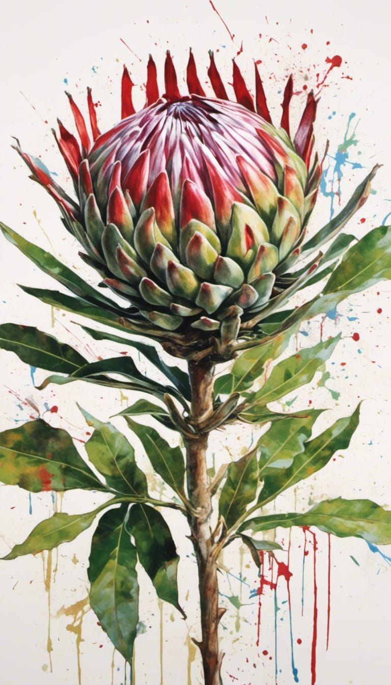 Protea Flower in Splatter Graffiti Style