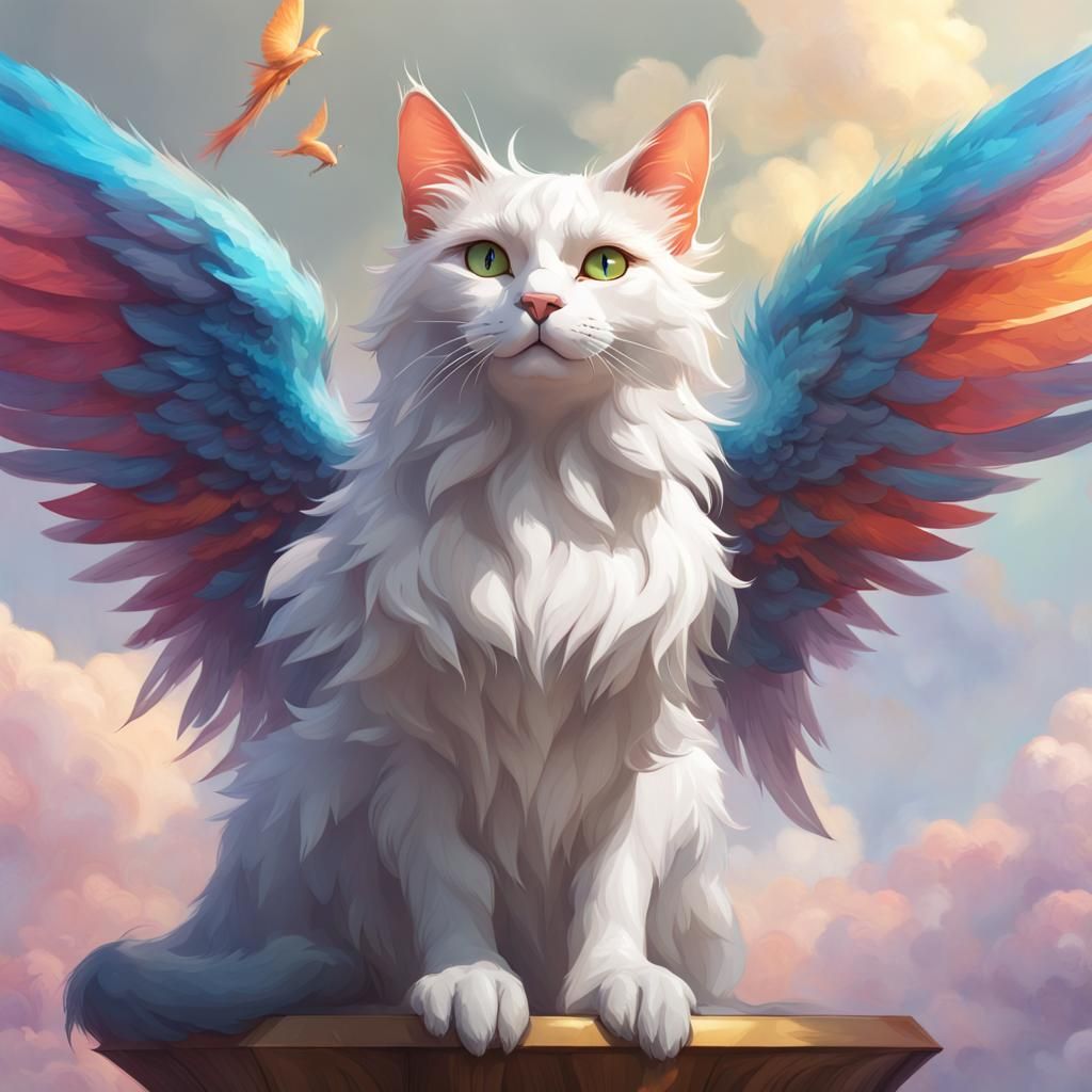 Colorful Winged Cat Portrait in Hyperdetailed Digital Art
