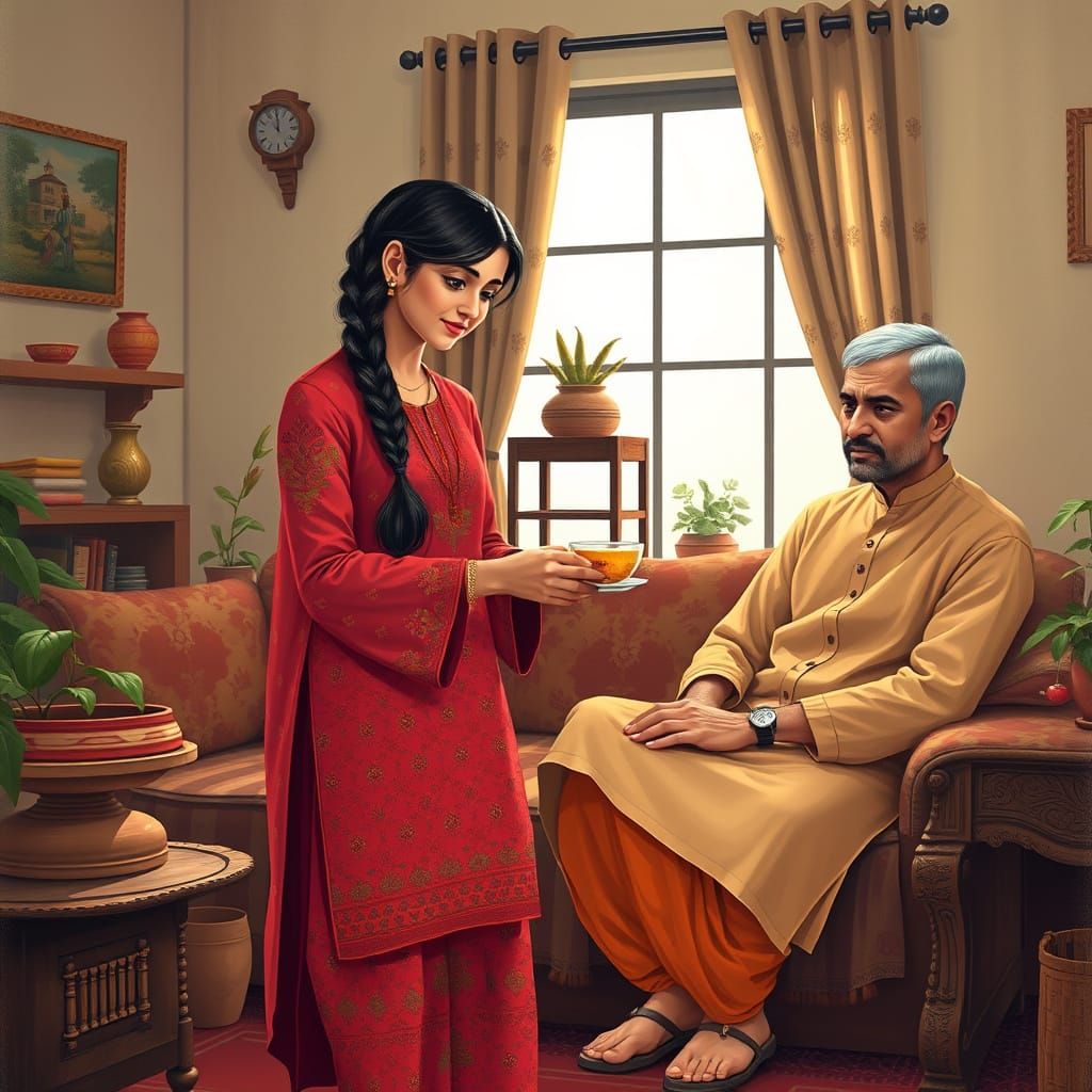 Cozy Domestic Scene Inspired by Indian Folk Art