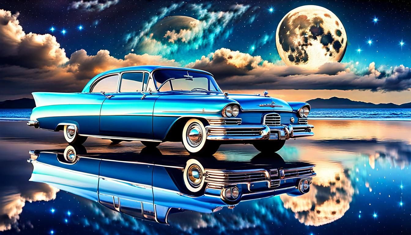 Vintage Car Overlooking Seaside Galaxy in Photorealism