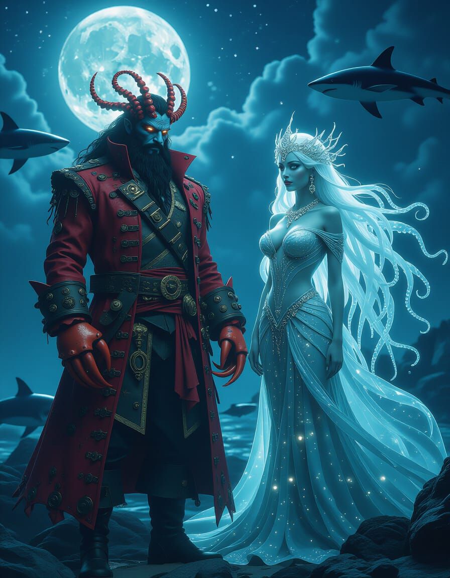 Ocean God and Siren Empress in Dark Fantasy Style