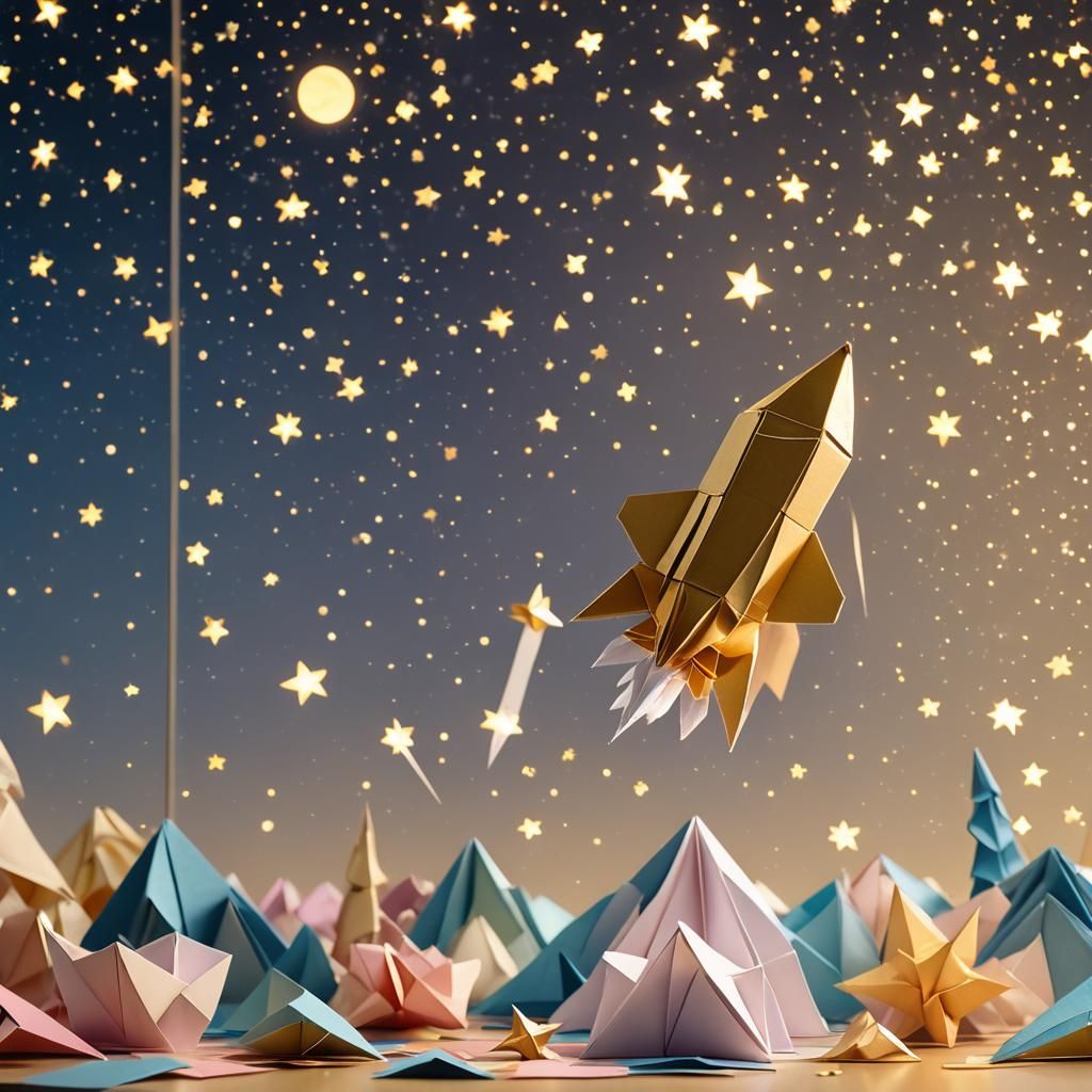 Golden Origami Rocket in Moonlit Paper Art