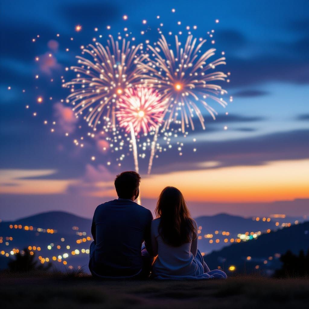 Couple Gazing at Vibrant Fireworks Display at Dusk