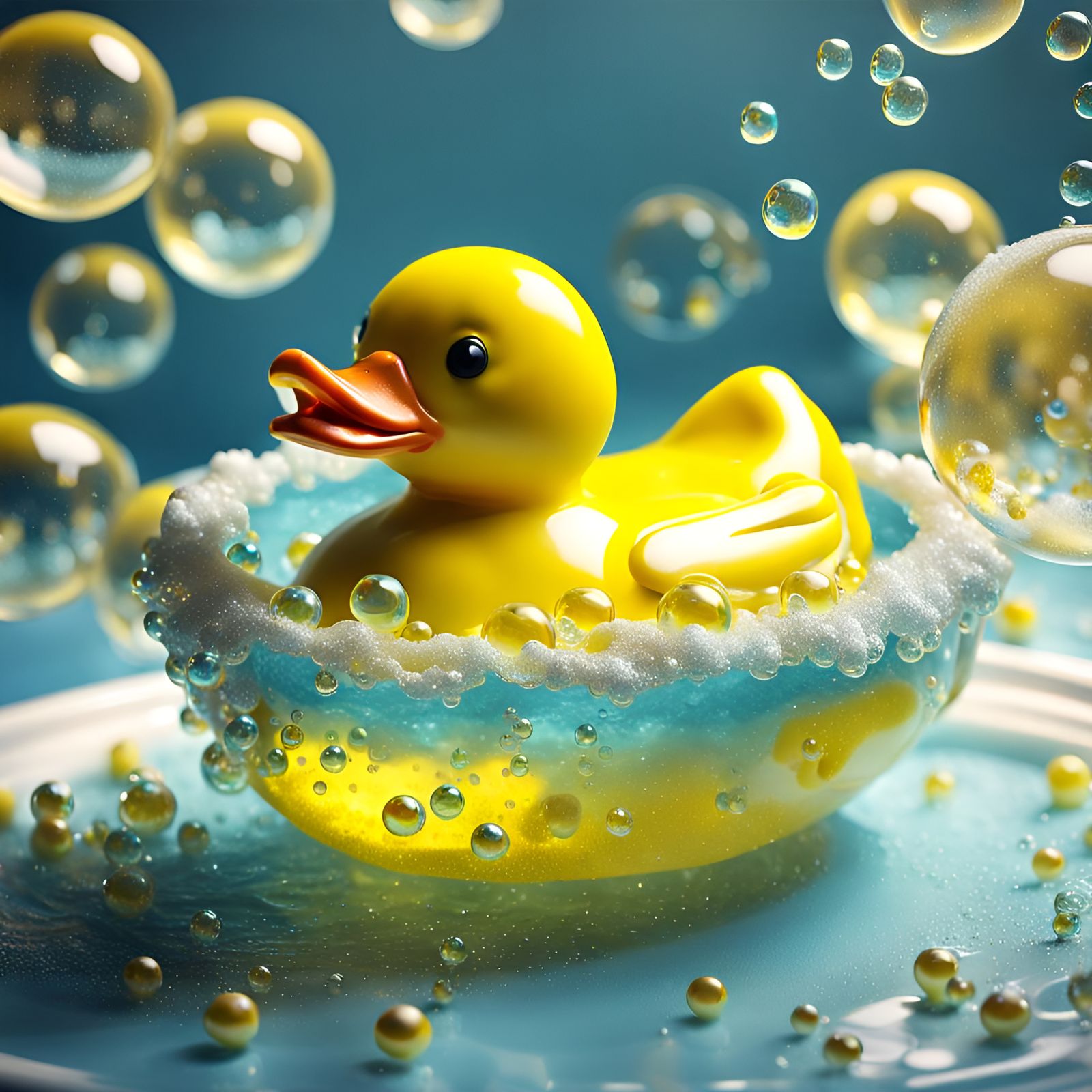 Hyperrealistic Rubber Ducky in Bubble Bath