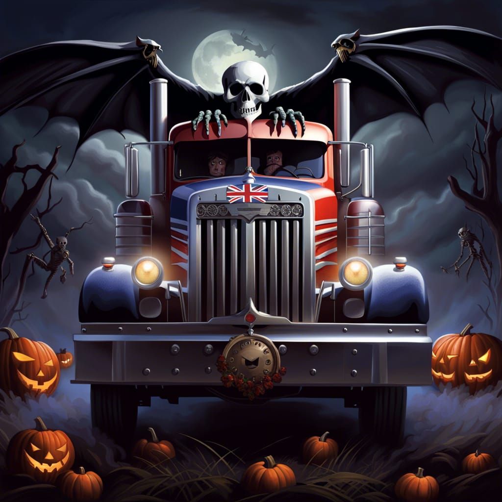 Mack Truck Driven by Skeleton in Halloween Fantasy
