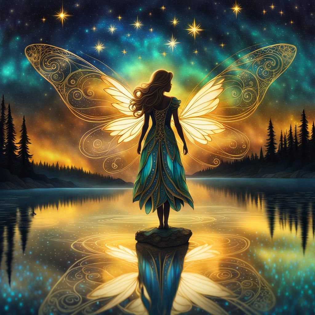 Ethereal Fairy at Starry Lakeside: Alcohol Ink Art