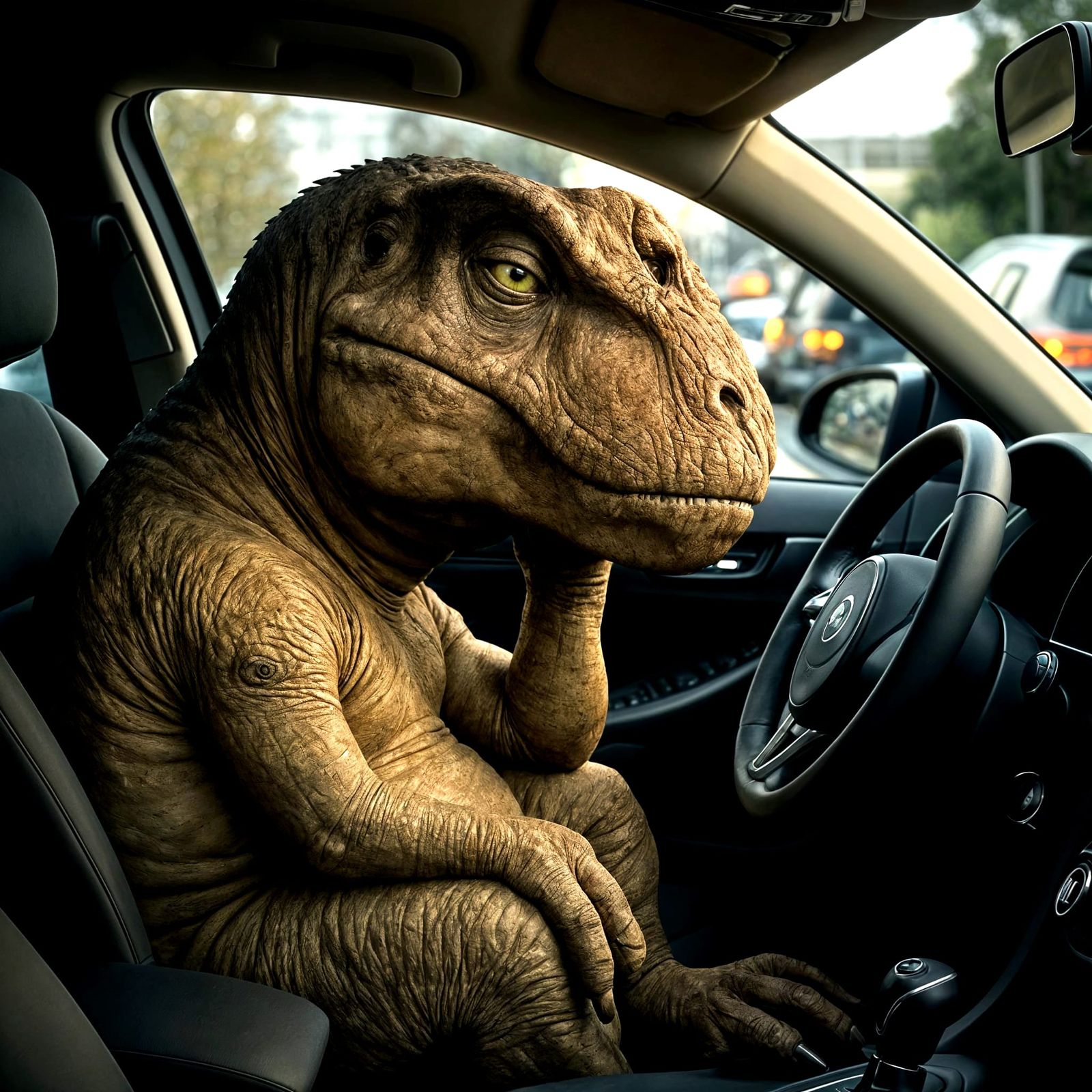 Bored T-Rex Driver Stuck in Traffic CGI