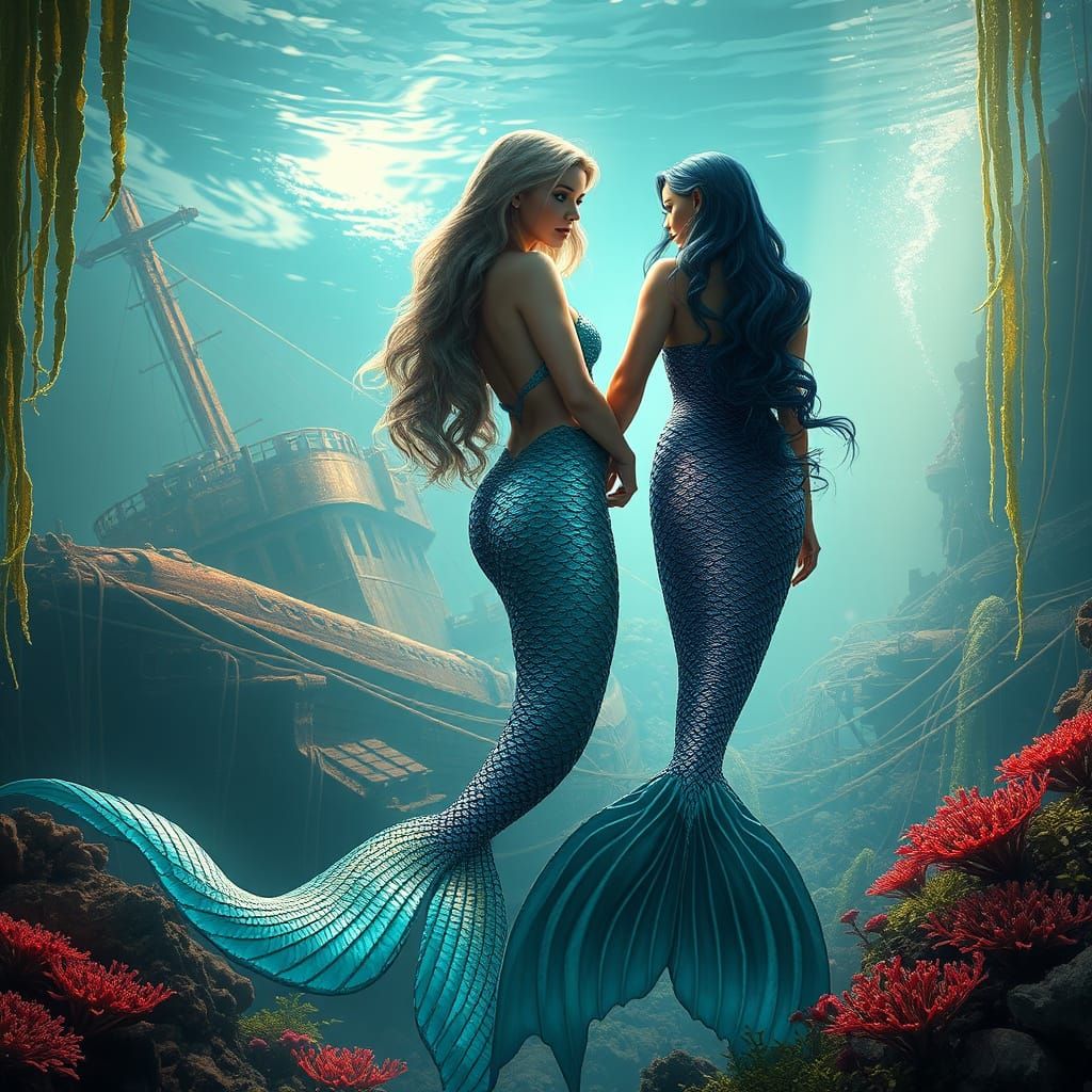 Enchanted Mermaids Amidst Ancient Shipwreck