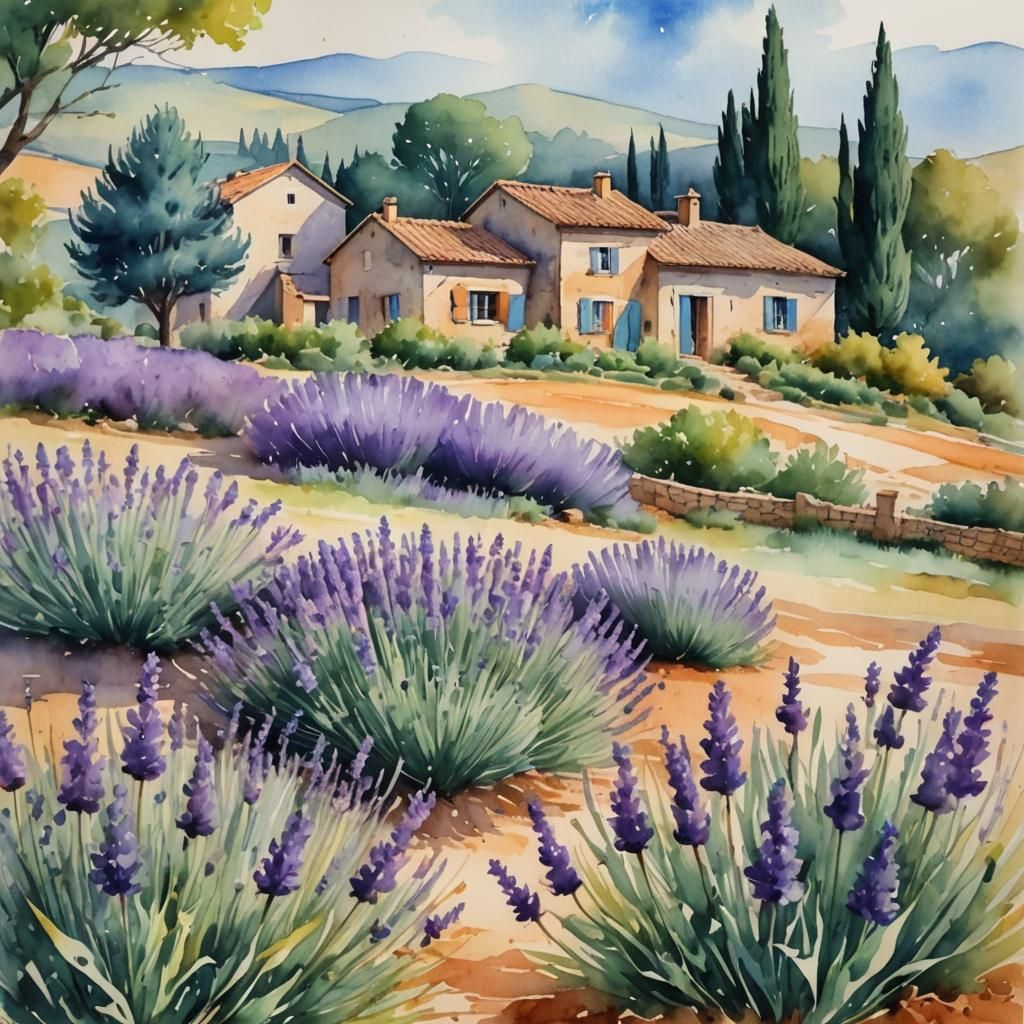 House in Provencal Countryside Watercolor Painting