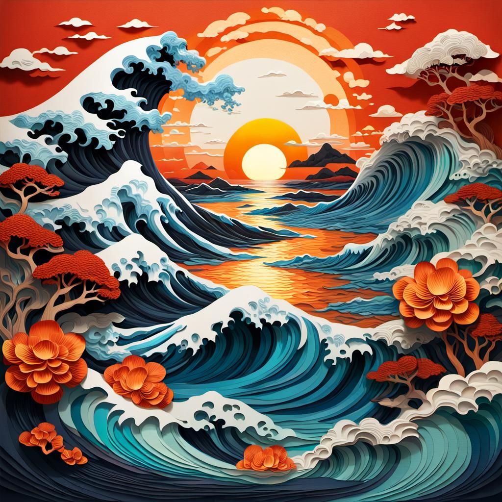 Sunset Over Ocean in Layered Paper Art Style