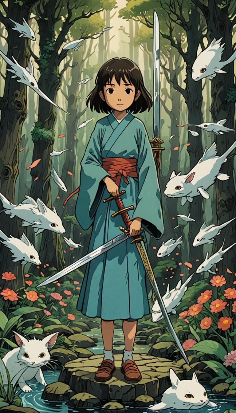 Page of Swords Tarot Card in Ghibli Style