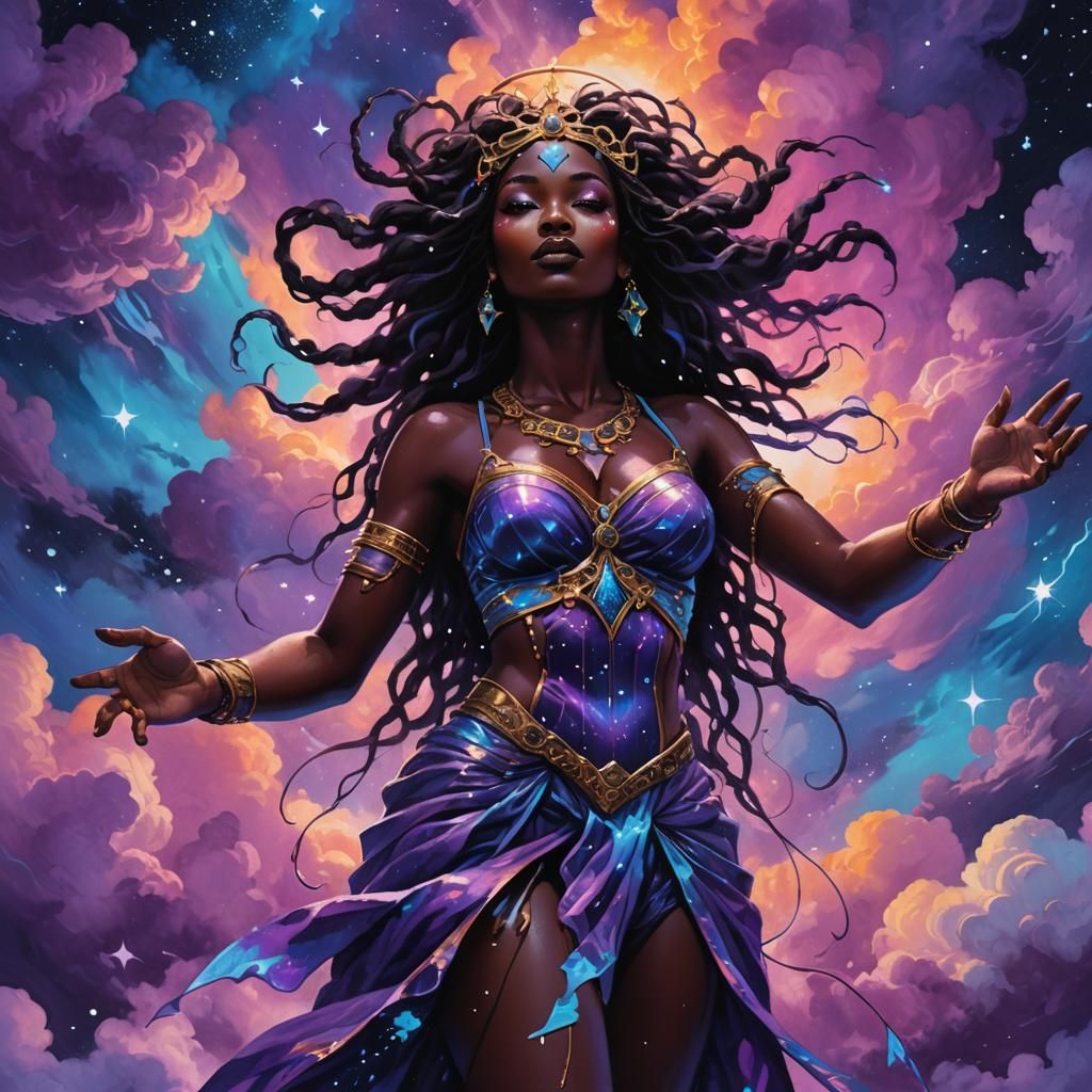 Goddess Floating in Starry Street Art Style