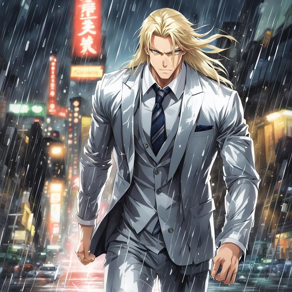 Gorgeous Blonde Man in Silver Suit, Anime Style