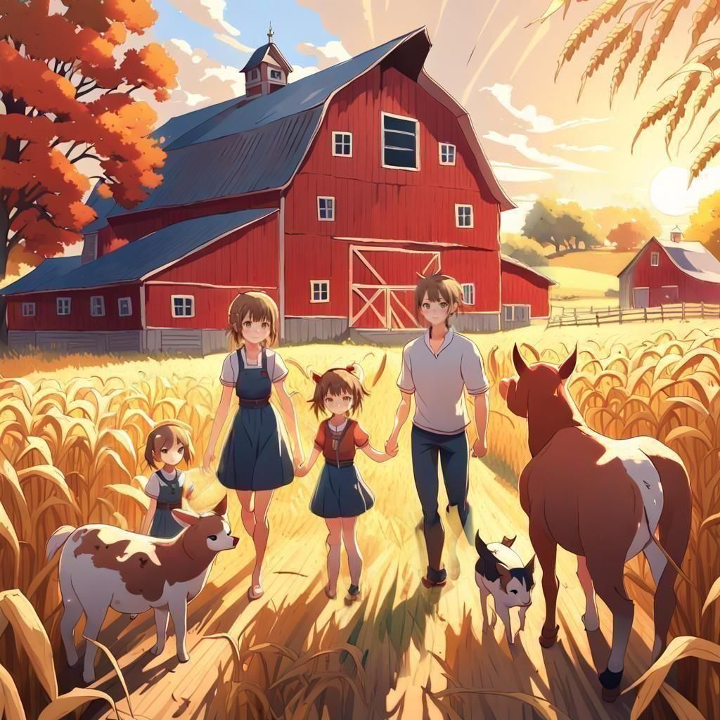 Anime-Style Family on Farm with Animals