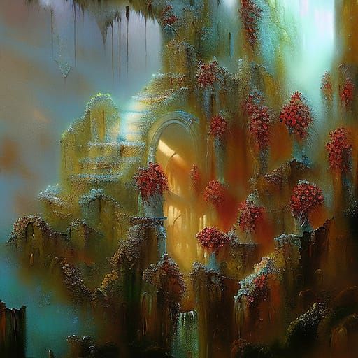 Sunlit Roses in Misty Ruins: A Symbolist Vision