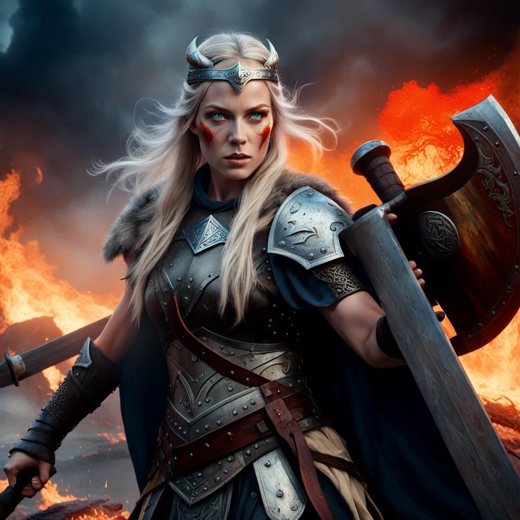Bloodied Viking Shield Maiden on Smoldering Battlefield