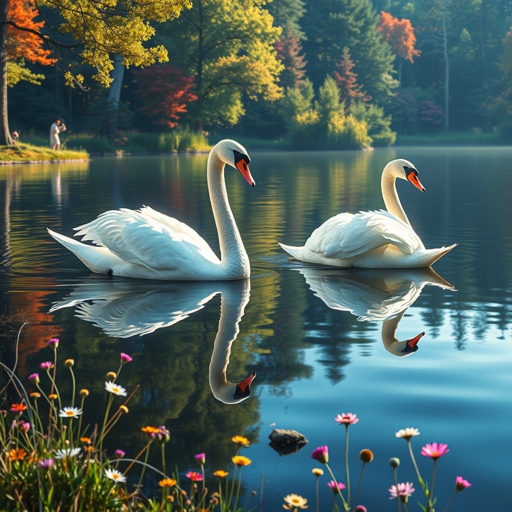 Elegant Swans Glide Across Lake in Hyperrealistic Style
