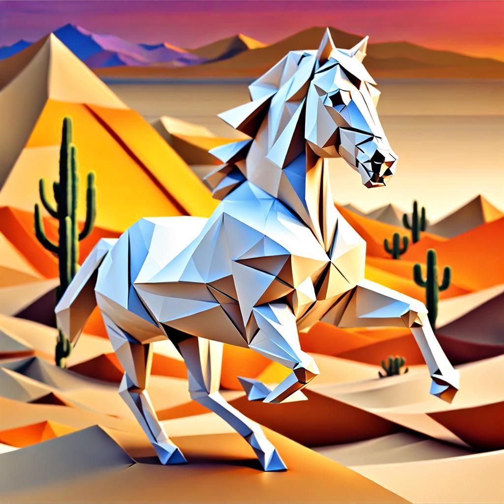 White Horse and Otter in Cubist Papercraft Style