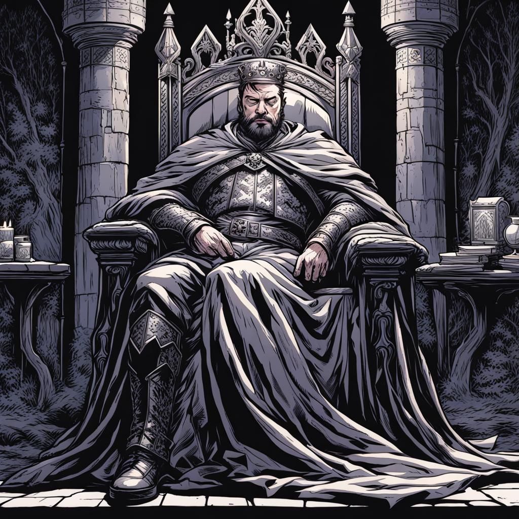 Medieval King Asleep on Throne: Comic Book Art