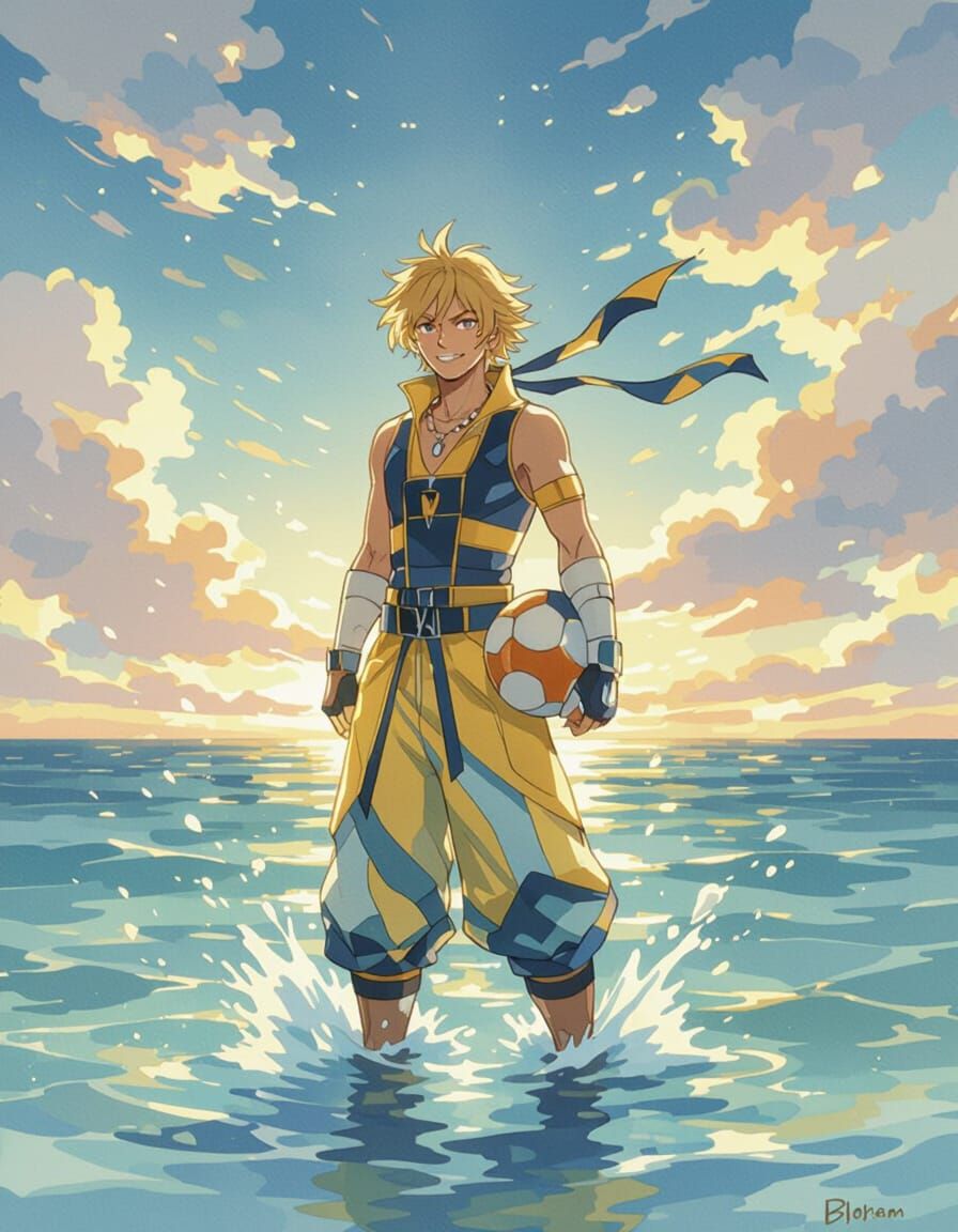 Blitzball Player in Ocean Water with Tropical Sky