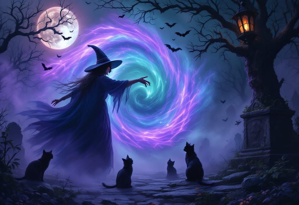 Halloween Witch Casts Spell in Cemetery