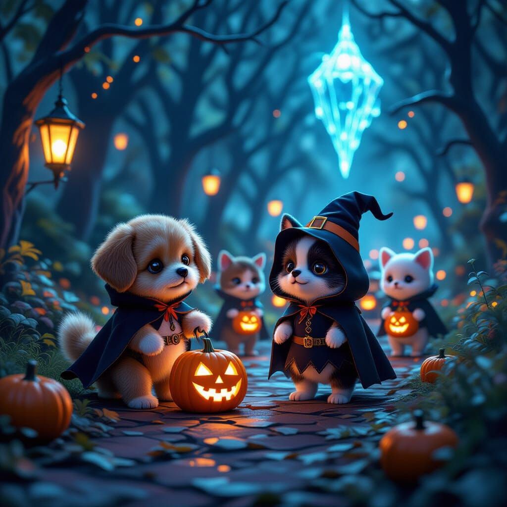 Adorable Animals in Halloween Costumes Amidst Glowing Circui...