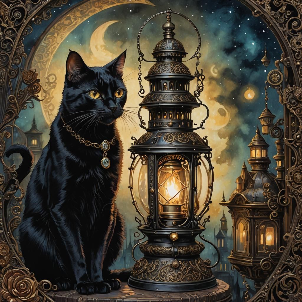 Steampunk Lantern Cat Mixed Media Collage