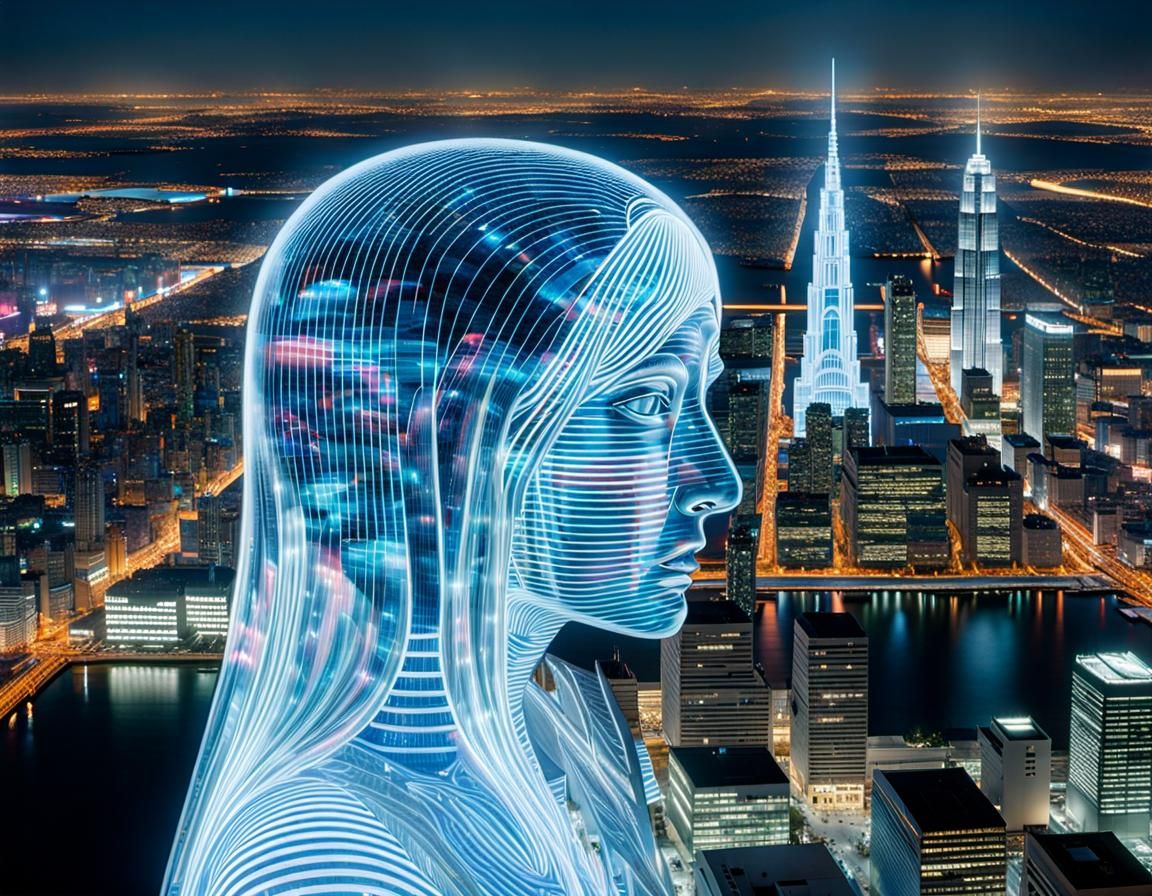 Futuristic Holographic Woman in Translucent City
