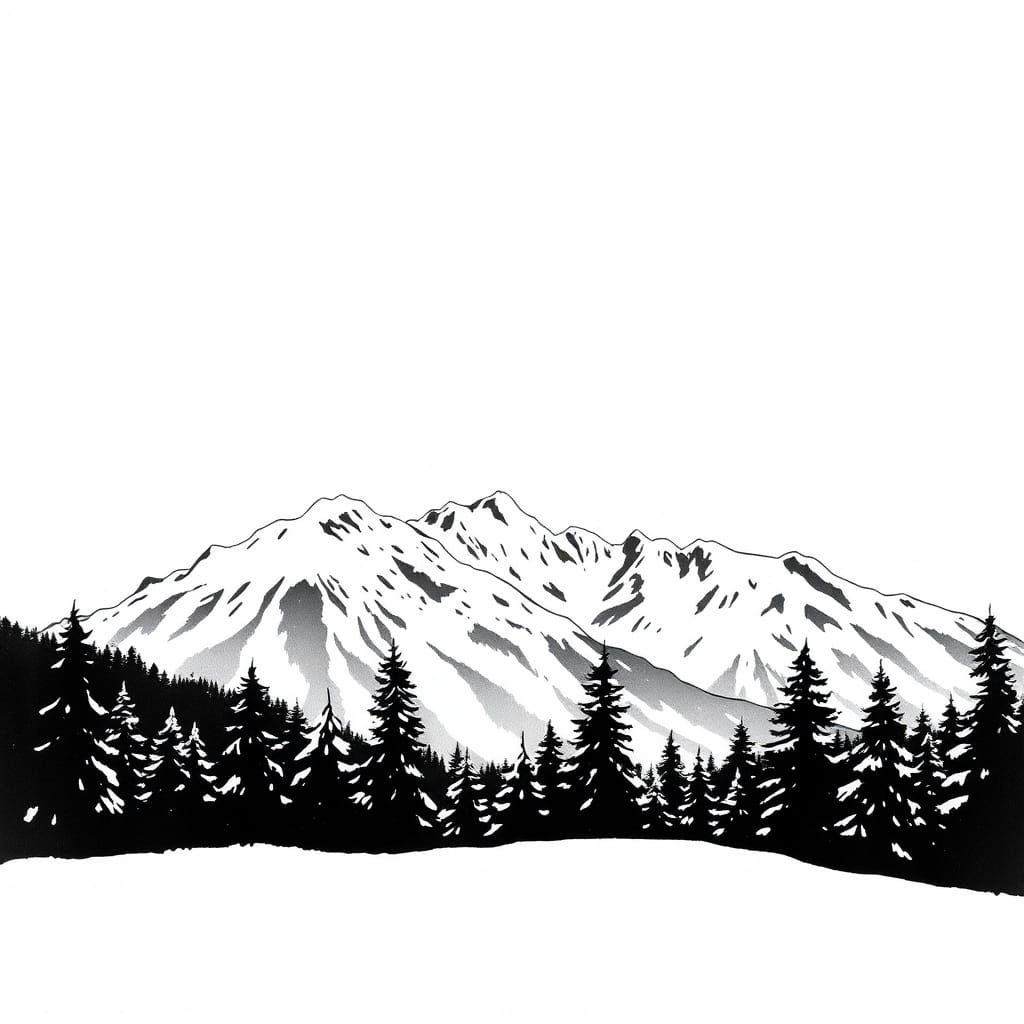 Monochrome Snow Scene in Ink Brush Style