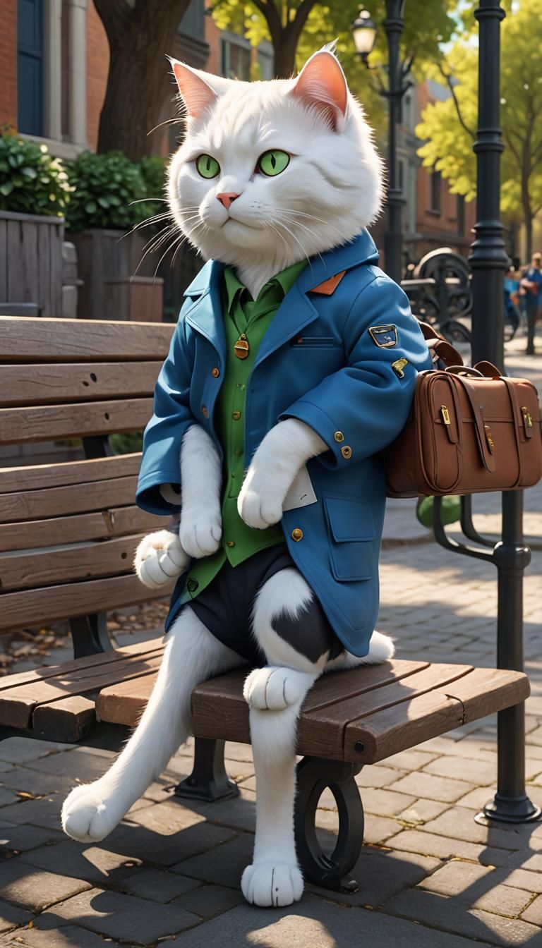 Cat in Jacket on Bench, Pixar Style 3D Art