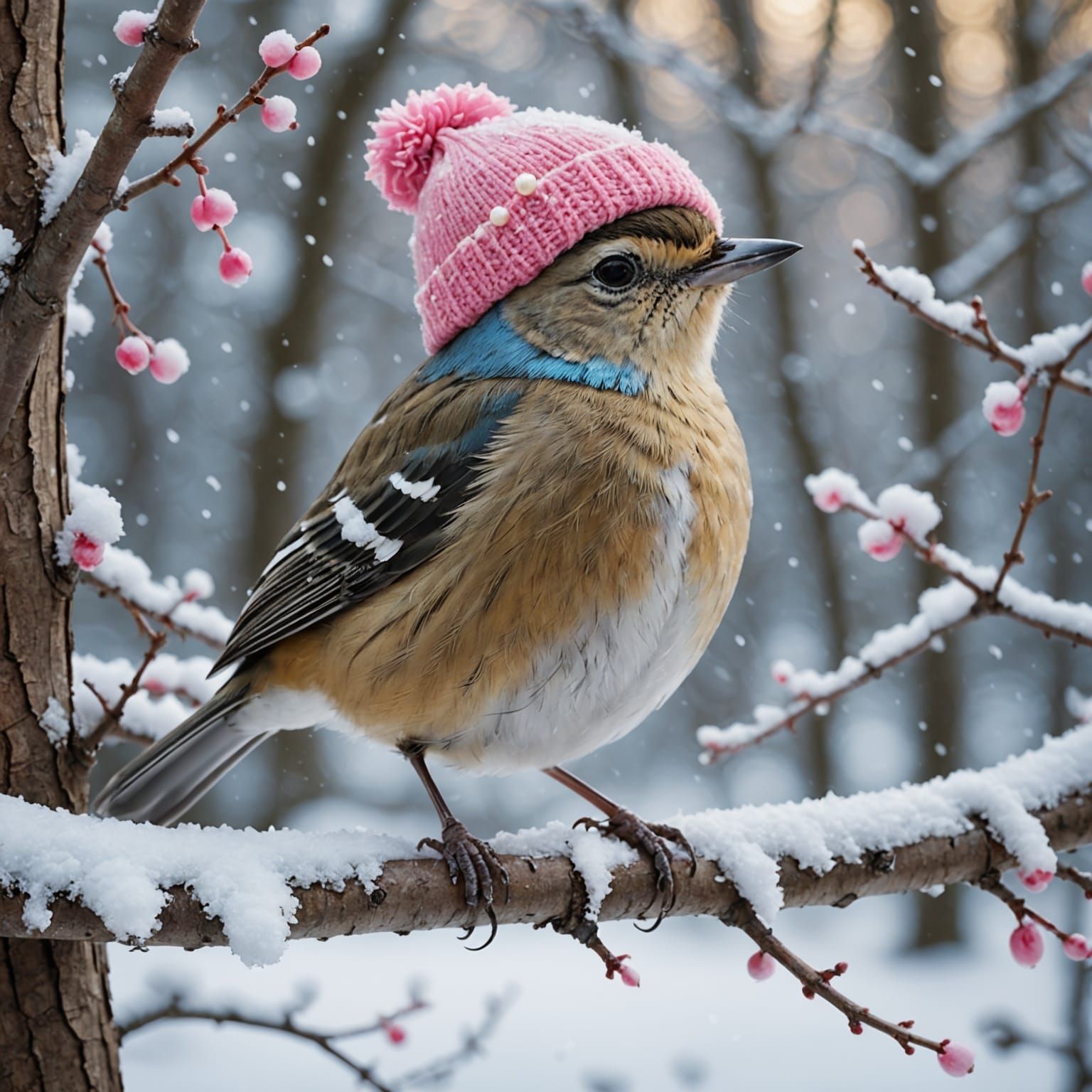 Whimsical Fairy-Tale Bird Sits on Snowy Branch