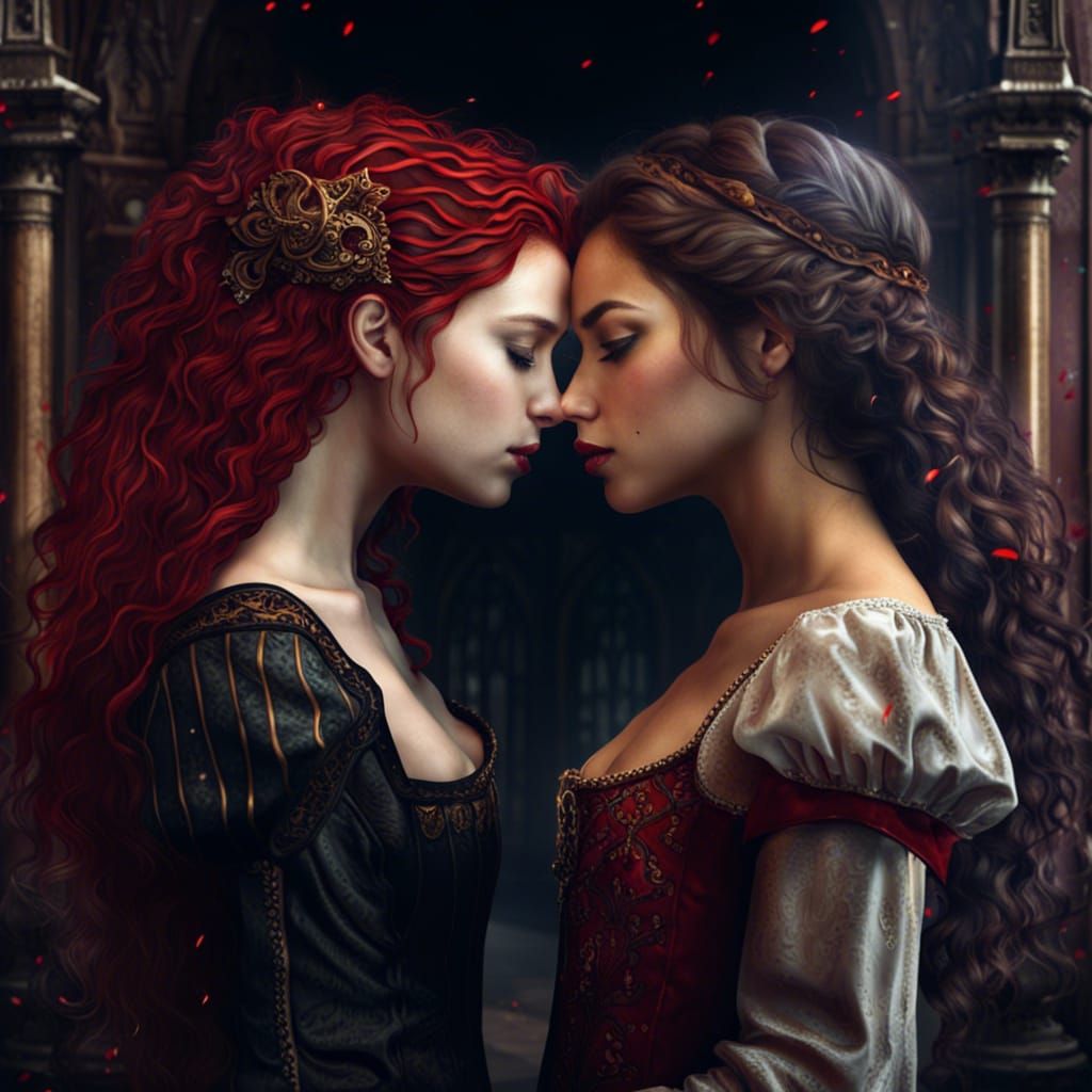 Medieval Fantasy: Two Elegant Girls Kissing