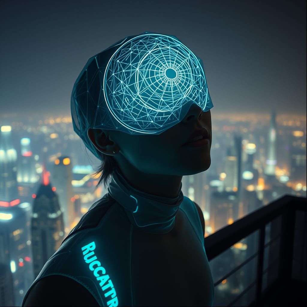 Futuristic Singer with Holographic Veil in Neon City