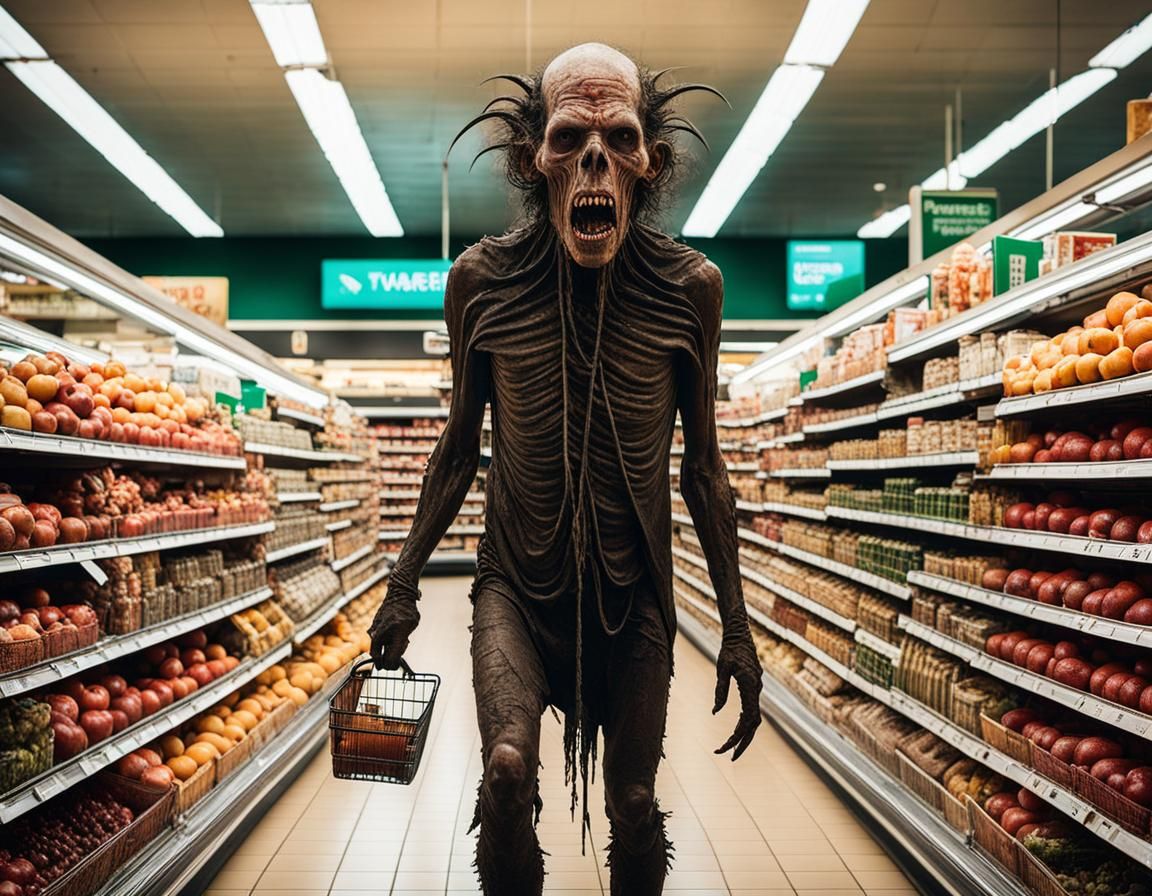 Macabre Body Horror Monster in Wasted Supermarket