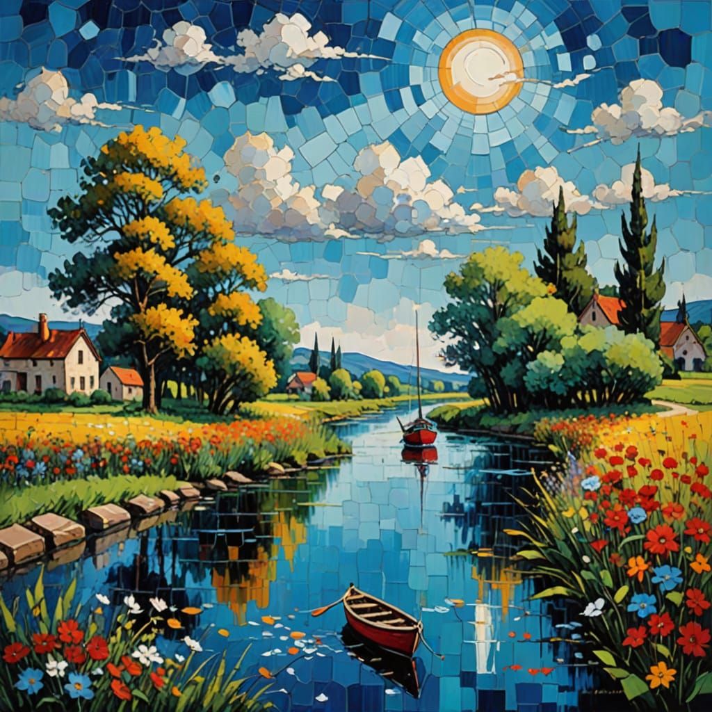 Idyllic River Landscape with Hexagonal Patterns in Vibrant C...