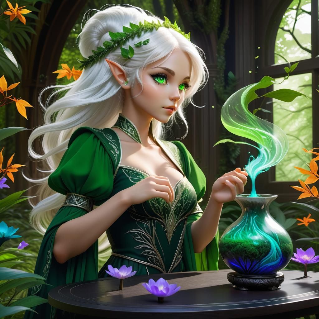 Eerie Forest Elf in Lush Flora, Ink Art