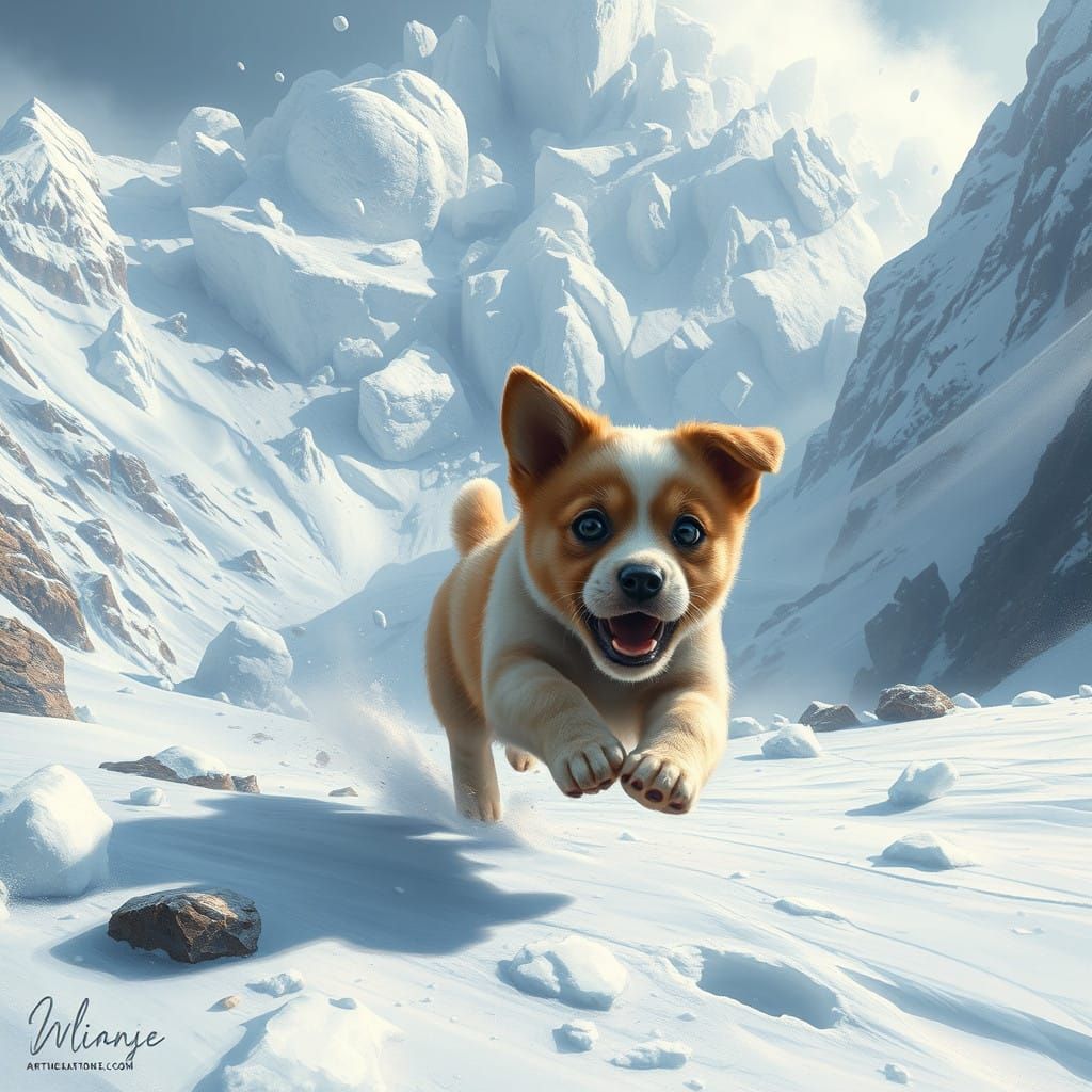 Fantasy Puppy Escapes Avalanche in Detailed Matte Painting