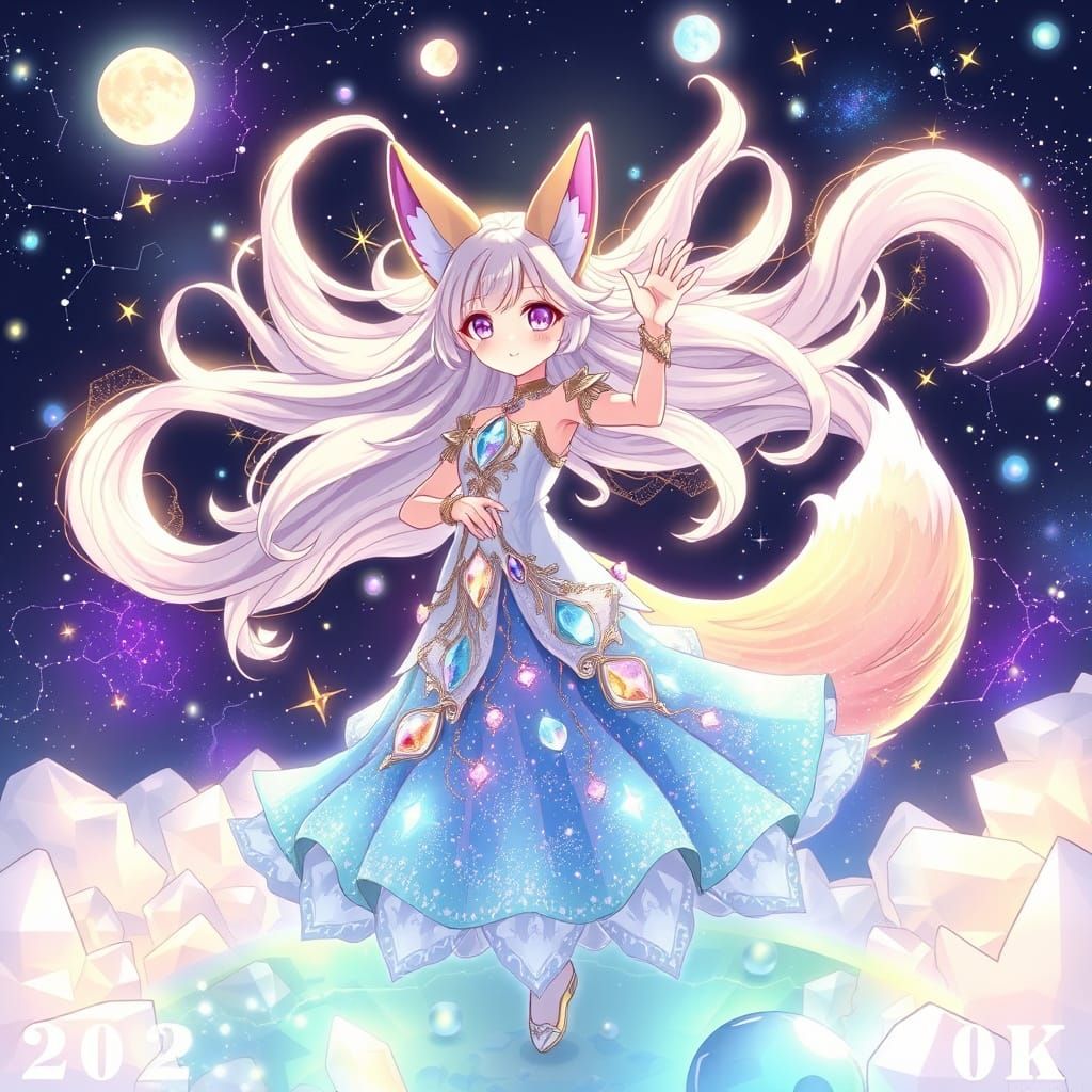 Celestial Fox Girl Dances Among Stars in Anime Style