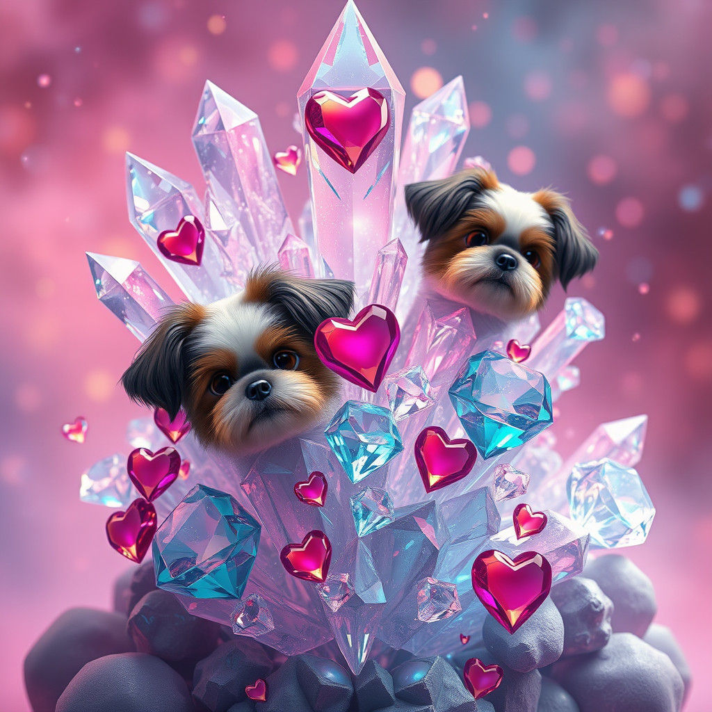 Crystalline Diamond Structure with Hearts and Shih Tzus