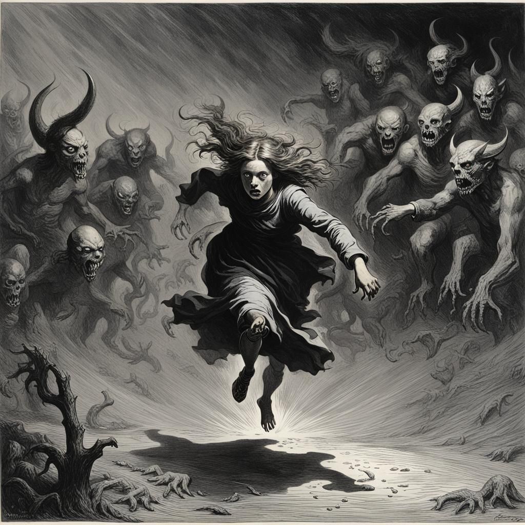 Girl Running from Demons in Dark Gothic Horror