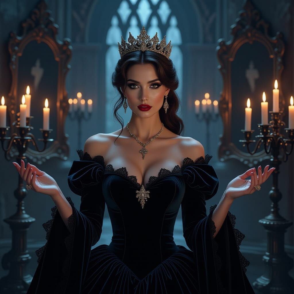 Gothic Noblewoman Portrait with Floating Candles and Mirrors