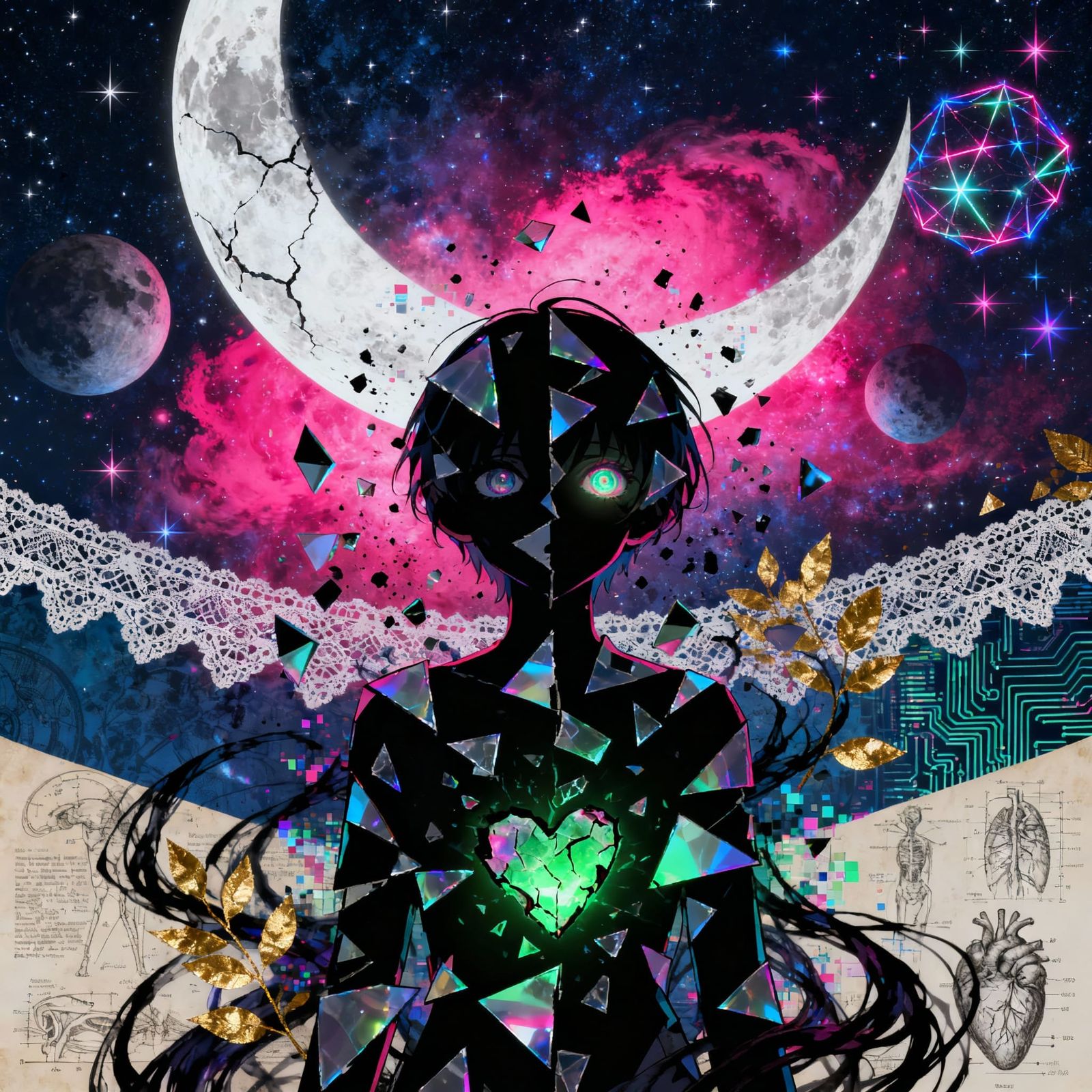 Fragmented Figure Under a Starry Night Sky