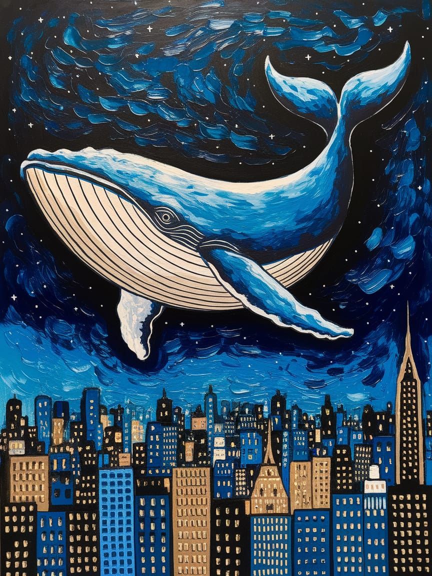 Whale in Night Sky Above City, Thick Oil Painting Style