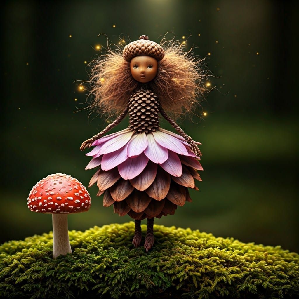 Whimsical Fairy with Delicate Acorn Head and Flower Petal Go...