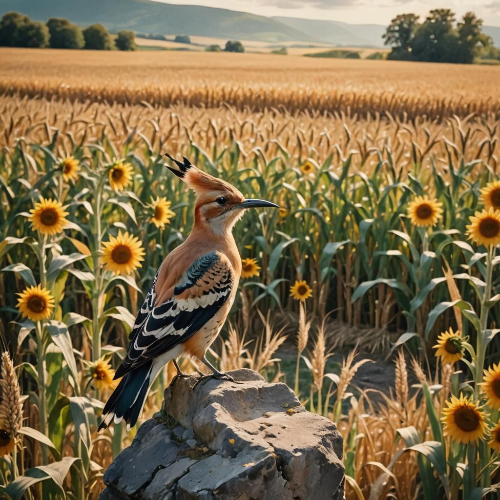 Hoopoe Bird in Watercolor Cornfield Landscape