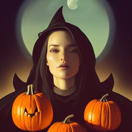 Autumn Night: Witch, Cat, and Full Moon