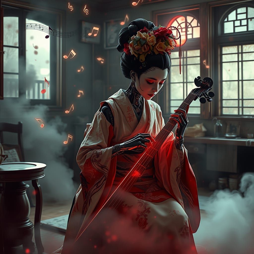 Cybernetic Geisha Plays Koto in Ruined Tea Room